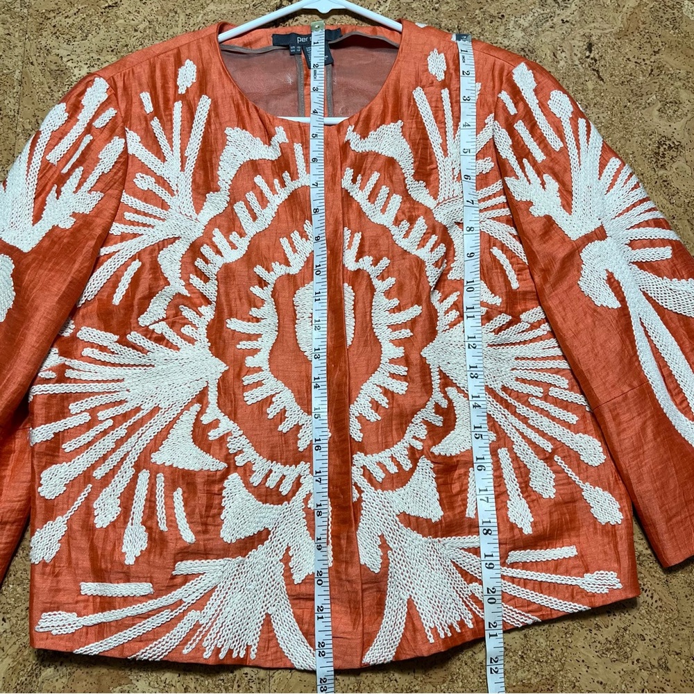 Per Se Linen Silk Embroidery Large Snap Jacket In Orange & Cream Sz 10 - Picture 11 of 16